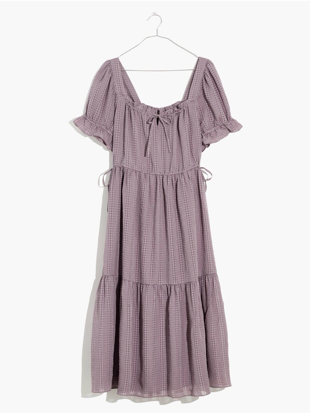 Madewell Square-Neck Tiered Midi Dress Textured Seersucker Puff Sleeve “Fig”